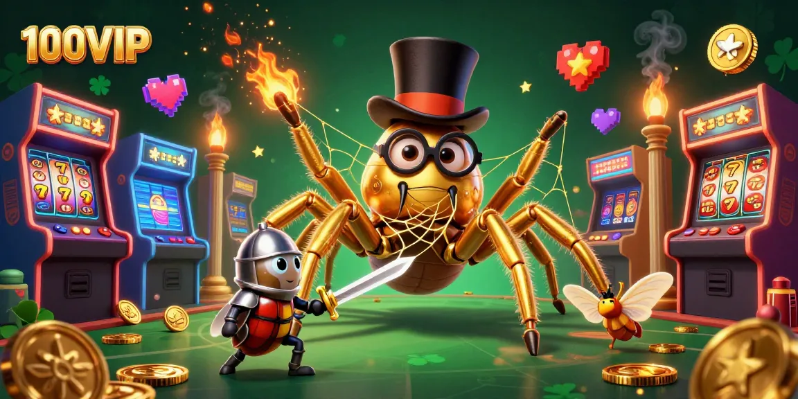 A dynamic 3D scene showcasing 100VIP with a golden tarantula weaving a web of fortune alongside a beetle knight, surrounded by slot machines and vibrant game elements.