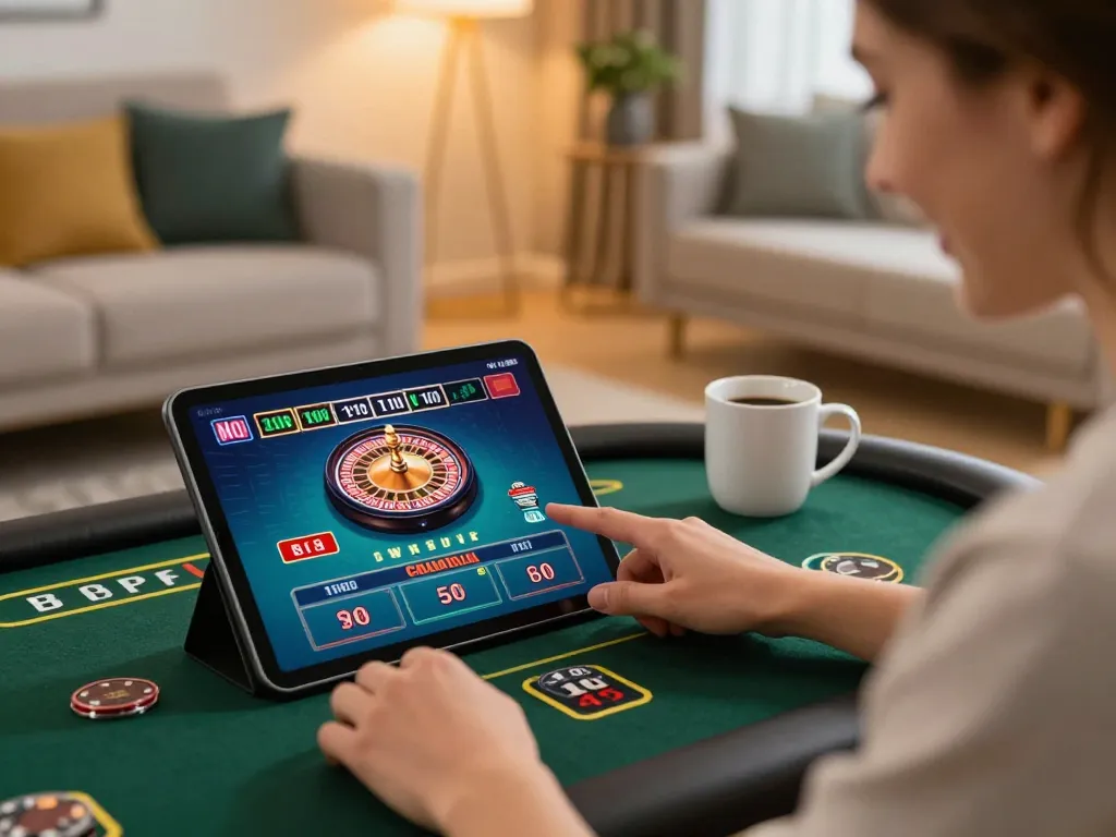 Excited player engages with hitclub5br while playing live dealer roulette in a cozy online gaming setup.