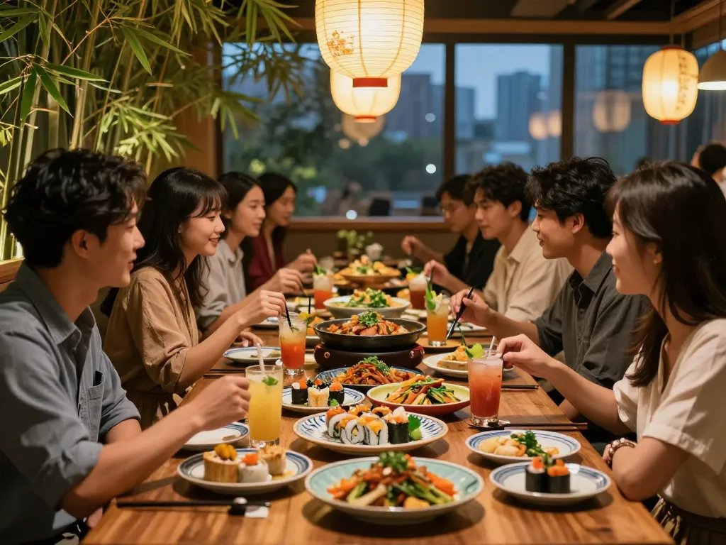 Group of friends dining with Asian dishes at RED88, showcasing vibrant atmosphere.