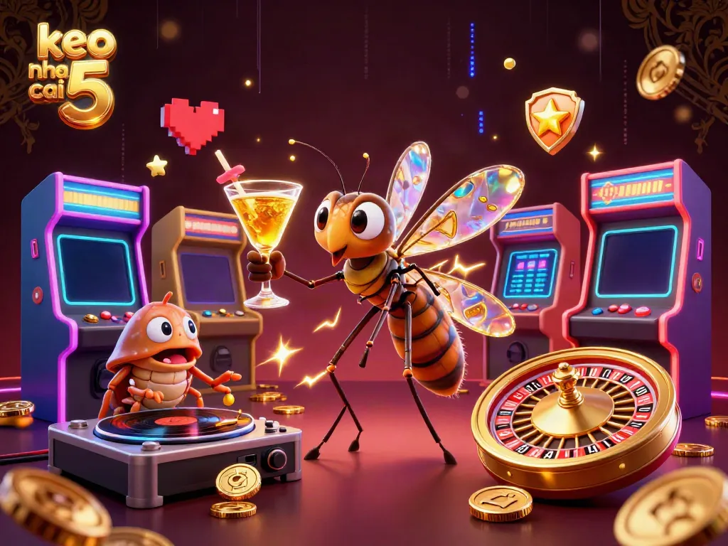 Engage with keo nha cai 5 through vibrant 3D casino characters and rich gaming elements in a dynamic scene.