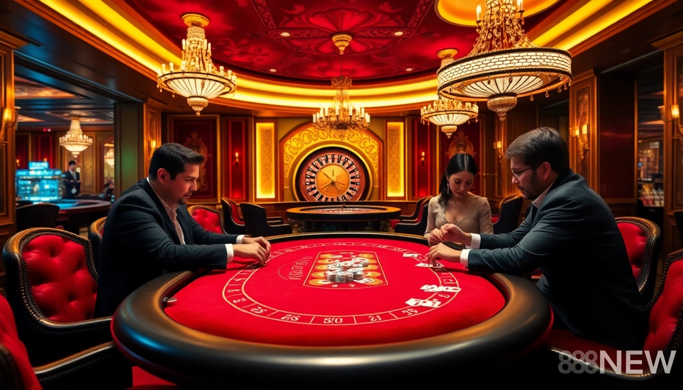 Exciting poker game scene at 888NEW casino with players, chips, and cards.