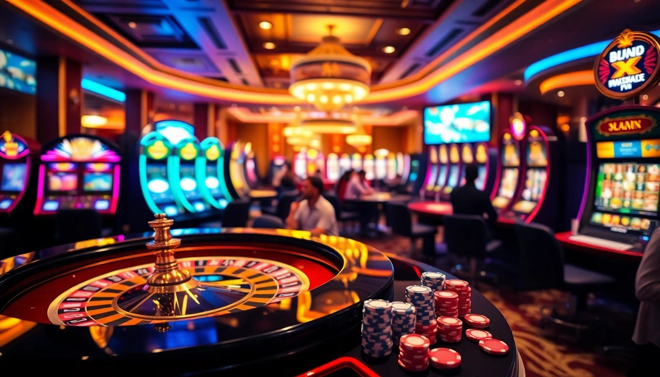 Experience the thrilling atmosphere of gambling at https://xx88brand.com/ featuring vibrant slot machines and poker chips.