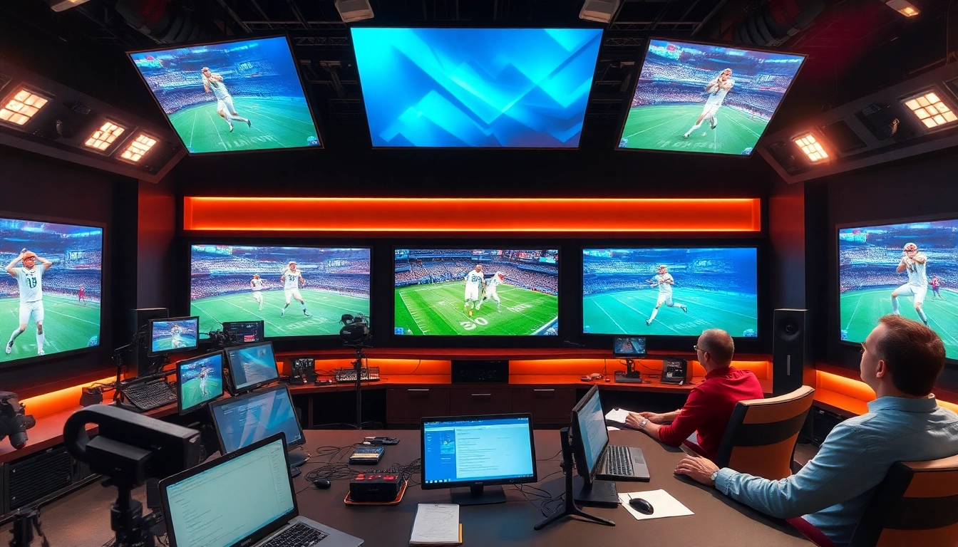 Engaging view of a professional sports broadcasting studio with high-tech screens.