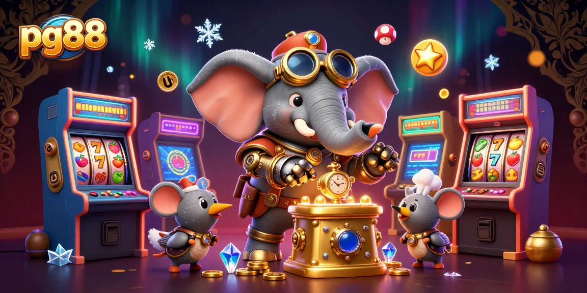 Spin the golden slot machine at pg88 with a 3D steampunk elephant engineer and exciting game elements.