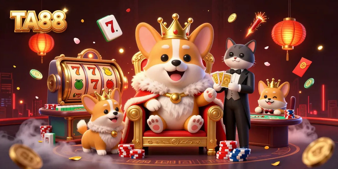 TA88 captivates with an elegant 3D casino scene featuring a royal corgi, poker elements, and festive decorations.