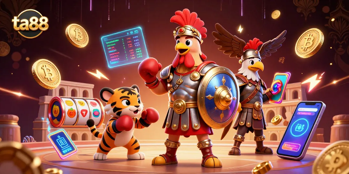 Engage with ta88's vibrant casino atmosphere featuring a rooster gladiator amidst neon crypto coins.