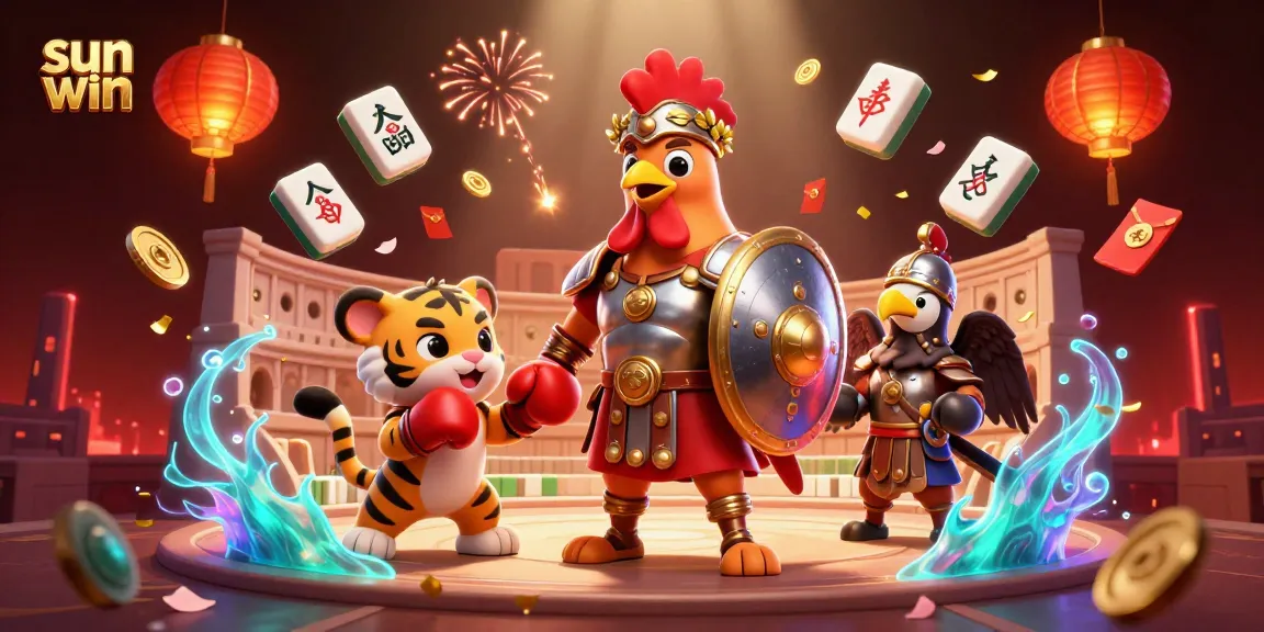 Engage with sun win through a vibrant 3D scene showcasing an energetic gladiator rooster and casino elements.