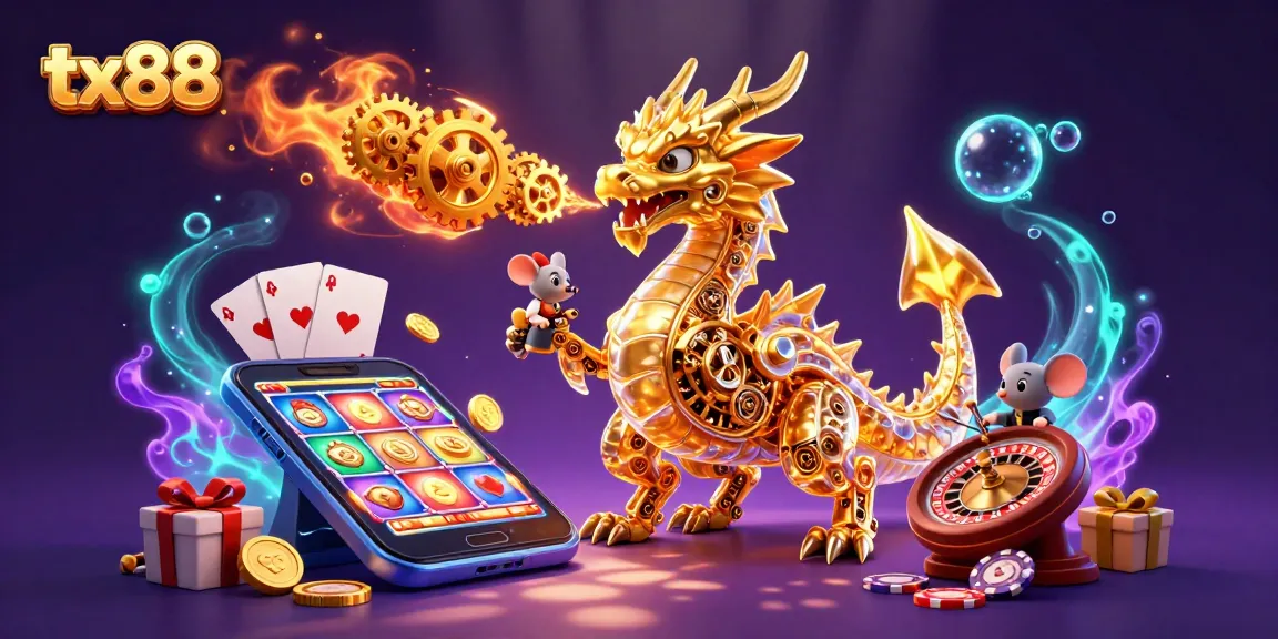 Experience the thrilling action of tx88 with a bioluminescent dragon and vibrant casino elements.