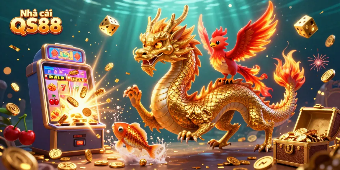 Experience thrilling wins with Nhà cái QS88, featuring a dragon, phoenix, and koi fish amidst dynamic gambling elements.
